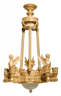 Appraisal: AN EMPIRE STYLE GILTWOOD AND ALABASTER SIX-LIGHT CHANDELIER Early th