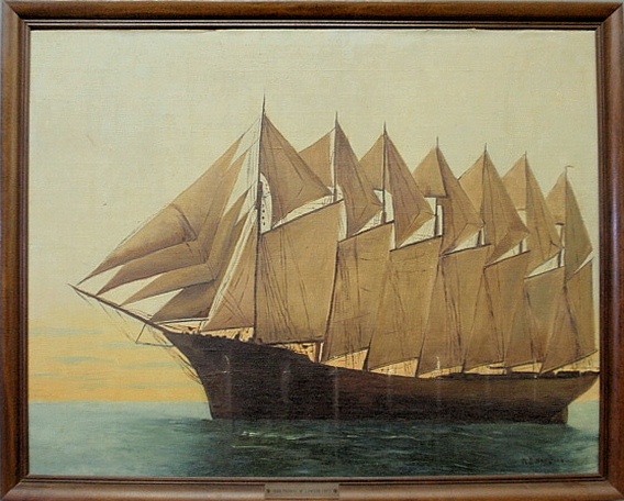 Appraisal: - Oil on board painting of a seven-masted schooner titled