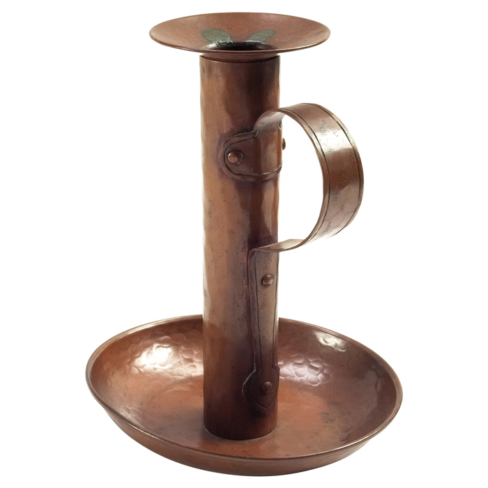 Appraisal: Gustav Stickley candlestick single riveted handle on a hammered copper