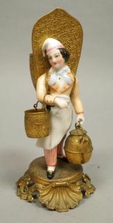 Appraisal: Continental Brass Porcelain Figural Match Safe Porcelain hand painted figural