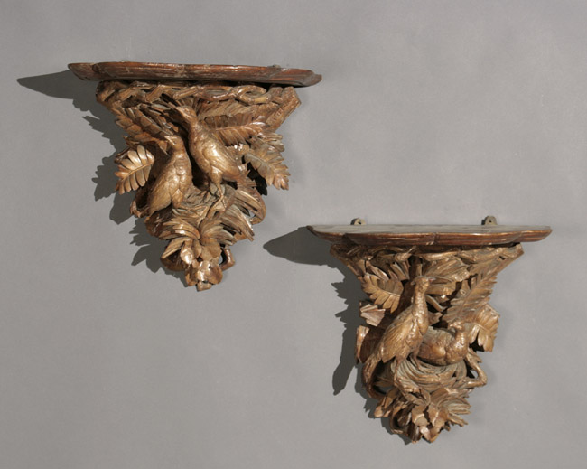 Appraisal: Pair of Black Forest Walnut Ornithological Wall Brackets Early th