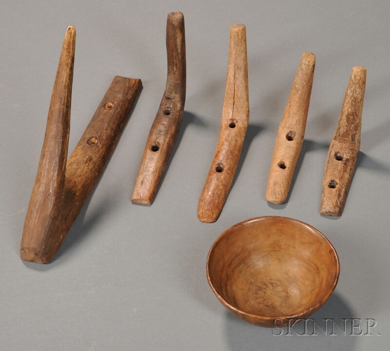 Appraisal: Five Wooden Branch Crook Hooks and a Small Turned Bowl