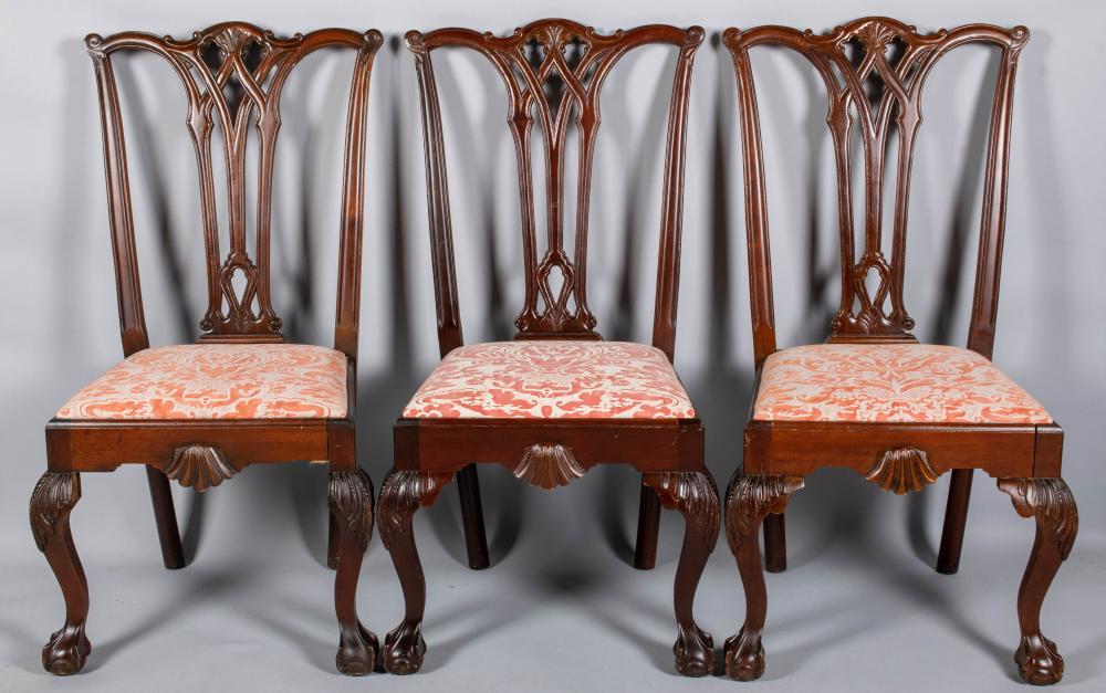 Appraisal: SET OF THREE CHIPPENDALE STYLE MAHOGANY SIDE CHAIRS each with