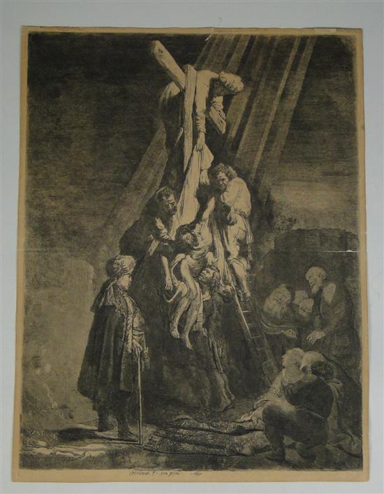 Appraisal: Etching by Rembrandt The Descent from the Cross Early impression