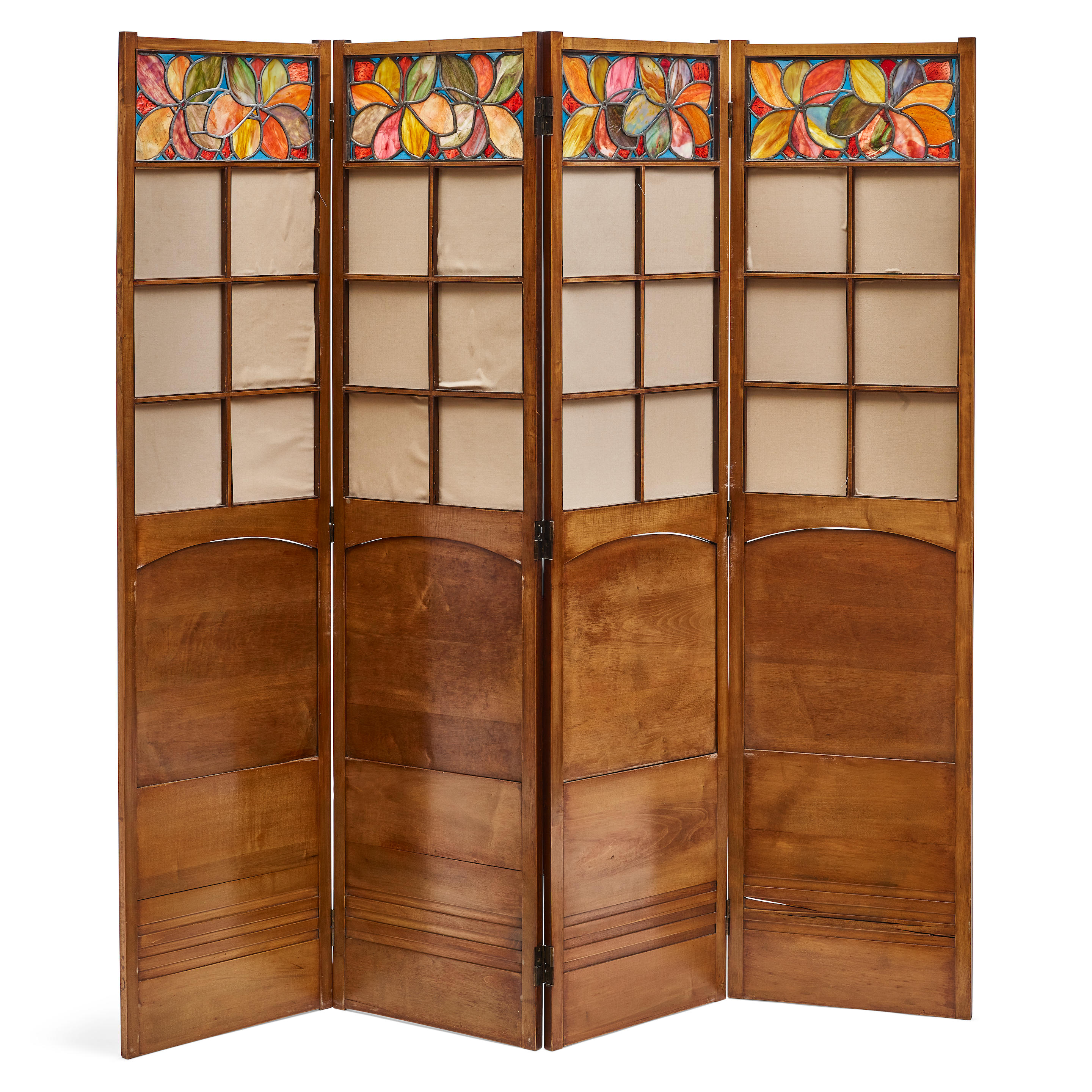 Appraisal: A WALNUT AND LEADED GLASS FOUR-PANEL SCREENIN THE MANNER OF