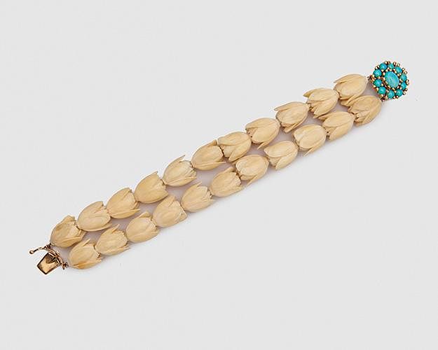 Appraisal: K Yellow Gold Turquoise and Carved Ivory Bracelet K Yellow