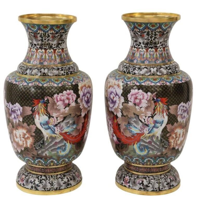 Appraisal: pair Large Chinese cloisonne enamel vases having black ground floral