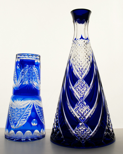 Appraisal: Blue Cut-to-clear Glass Tumble-up and Blue Cut-to-clear Glass Decanter Tumble-up