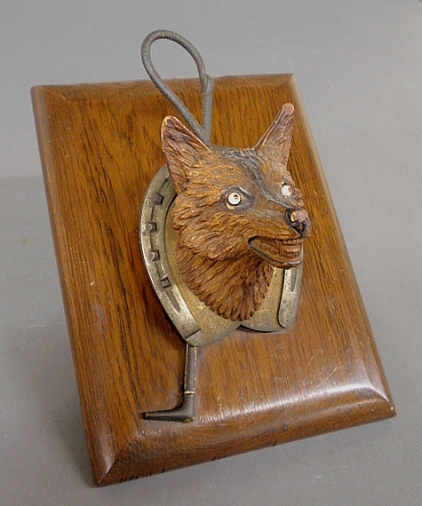 Appraisal: - Carved fox head note holder c with metal horseshoe