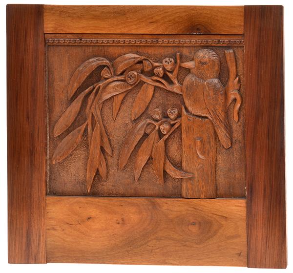 Appraisal: AUSTRALIAN WOOD CARVED KOOKABURRA IN GUM TREE PANEL AUSTRALIAN WOOD