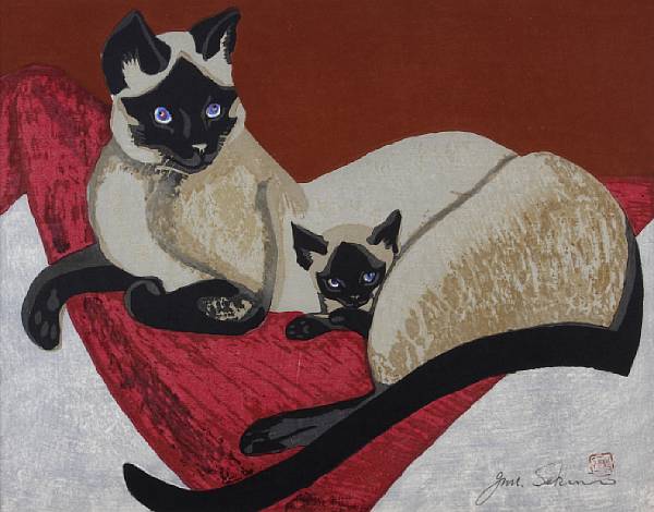 Appraisal: Junichiro Sekino Japanese - Siamese cats c Woodcut in colors