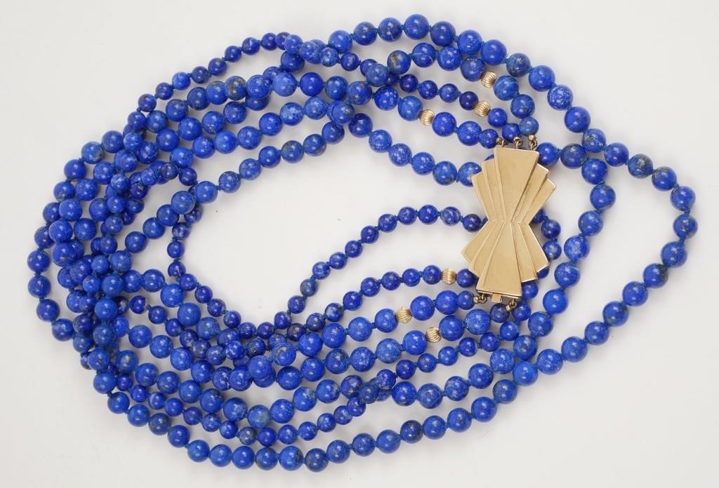 Appraisal: Opera length lapis bead necklace with heavy k gold clasp