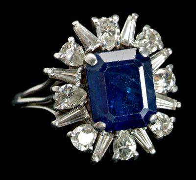 Appraisal: Sapphire diamond platinum ring central emerald-cut blue sapphire estimated total