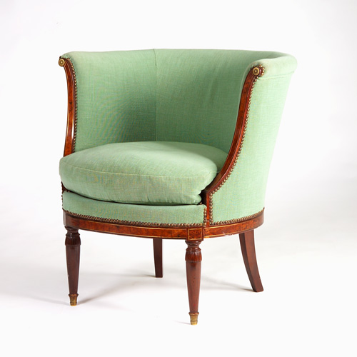 Appraisal: EUROPEAN NEO-CLASSICAL Barrel-back chair with inlaid burl wood veneer frame