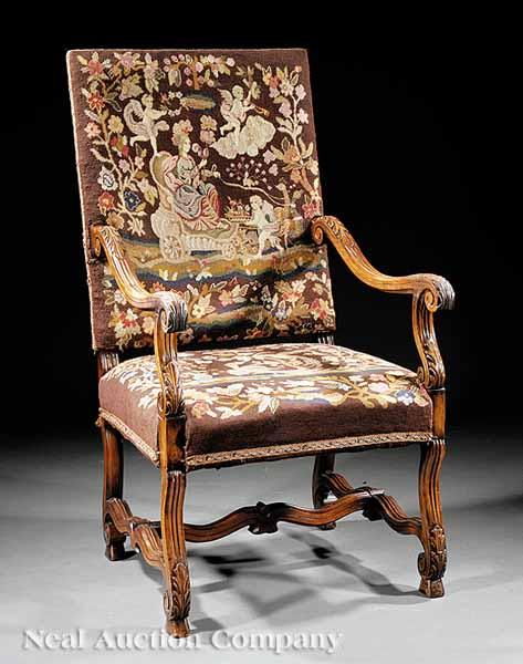 Appraisal: An Antique Louis XIV-Style Carved Walnut and Petit Point Fauteuil