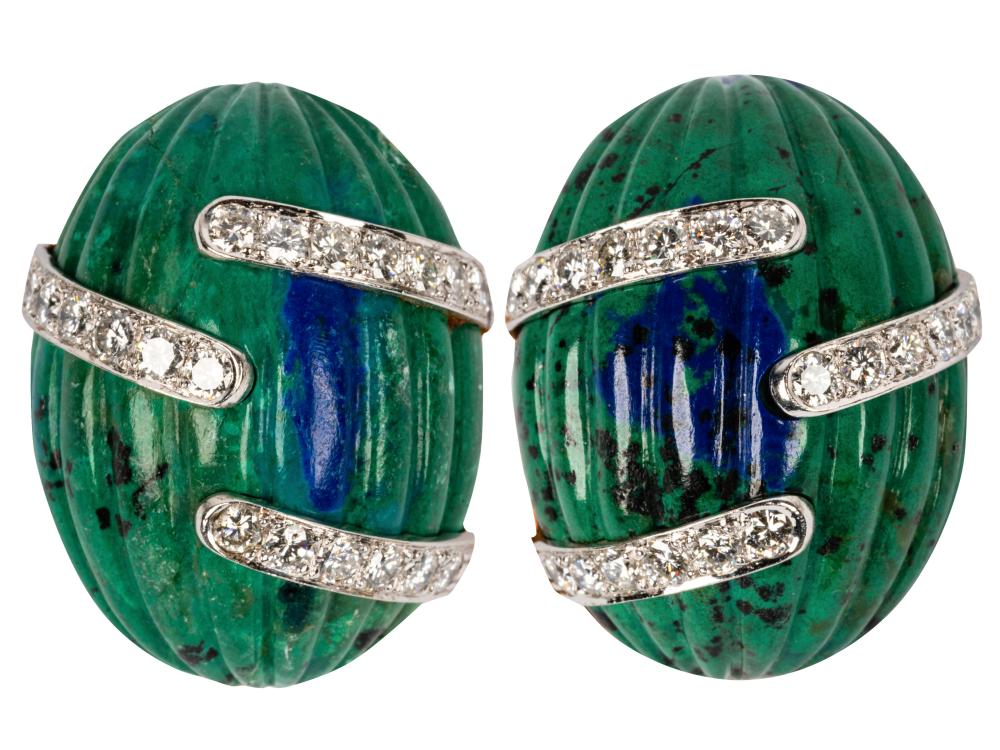 Appraisal: PAIR OF DAVID WEBB KARAT YELLOW GOLD PLATINUM DIAMOND AZURMALACHITE