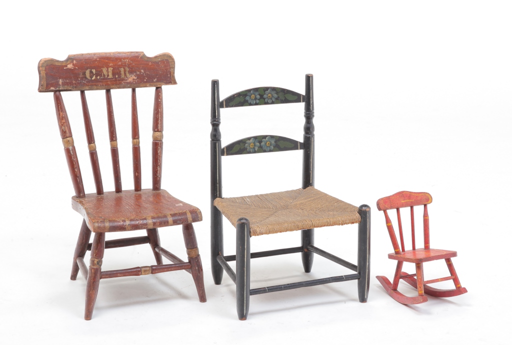 Appraisal: THREE AMERICAN DOLL CHAIRS Late th-early th century pine Original