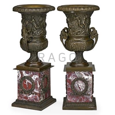 Appraisal: PAIR OF FRENCH BRONZE URNS Figural relief decoration and satyr