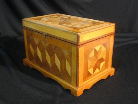 Appraisal: PARQUETRY JEWELRY BOX th century rectangular coffer with hinged top