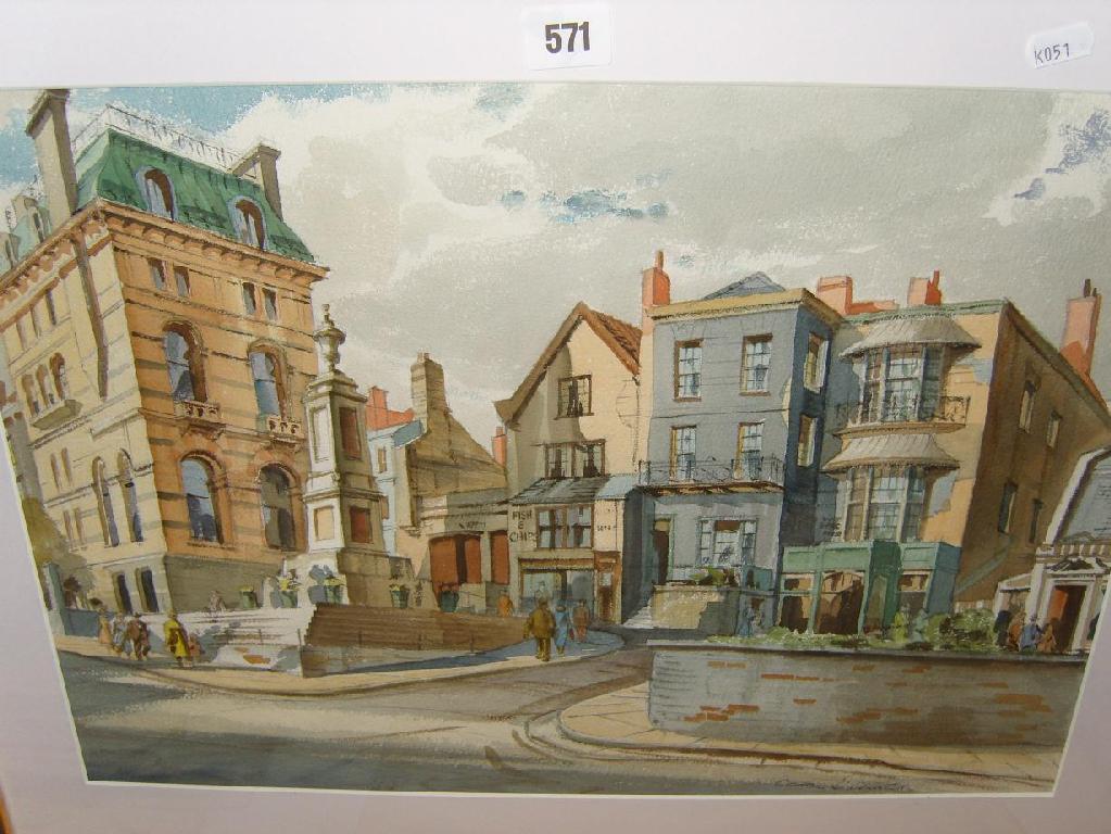 Appraisal: A watercolour of a town scene with monument shops figures