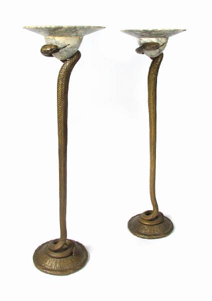 Appraisal: A pair of Art Deco style bronze snake form torch