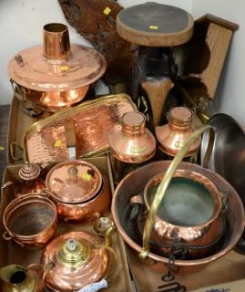 Appraisal: Four box lots of copper serving pieces buckets lanterns carved