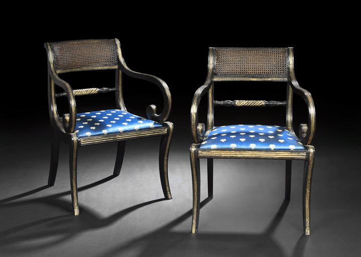 Appraisal: Pair of Regency Ebonized and Parcel-Gilt Armchairs first quarter th