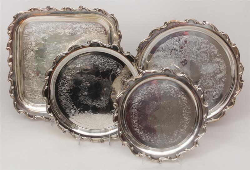 Appraisal: Group of Seven Silver-Plated Trays and Three Chafing Dish Stands