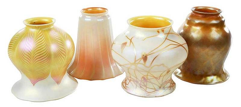 Appraisal: Nine Quezal and Steuben Glass Shades American th century five