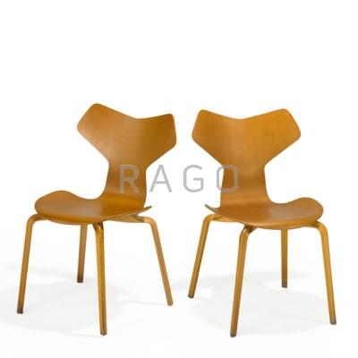 Appraisal: ARNE JACOBSEN Two Grand Prix chairs Denmark Beech Branded marks