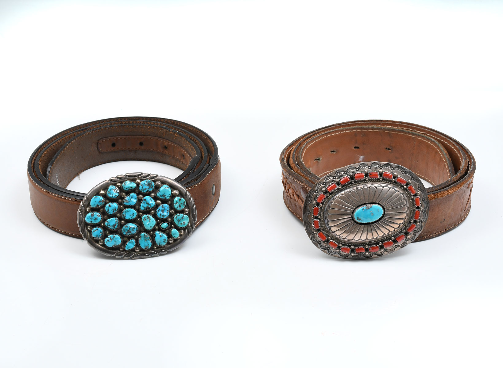 Appraisal: NATIVE AMERICAN INDIAN SILVER TURQUOISE BUCKLES W BELTS '' wide