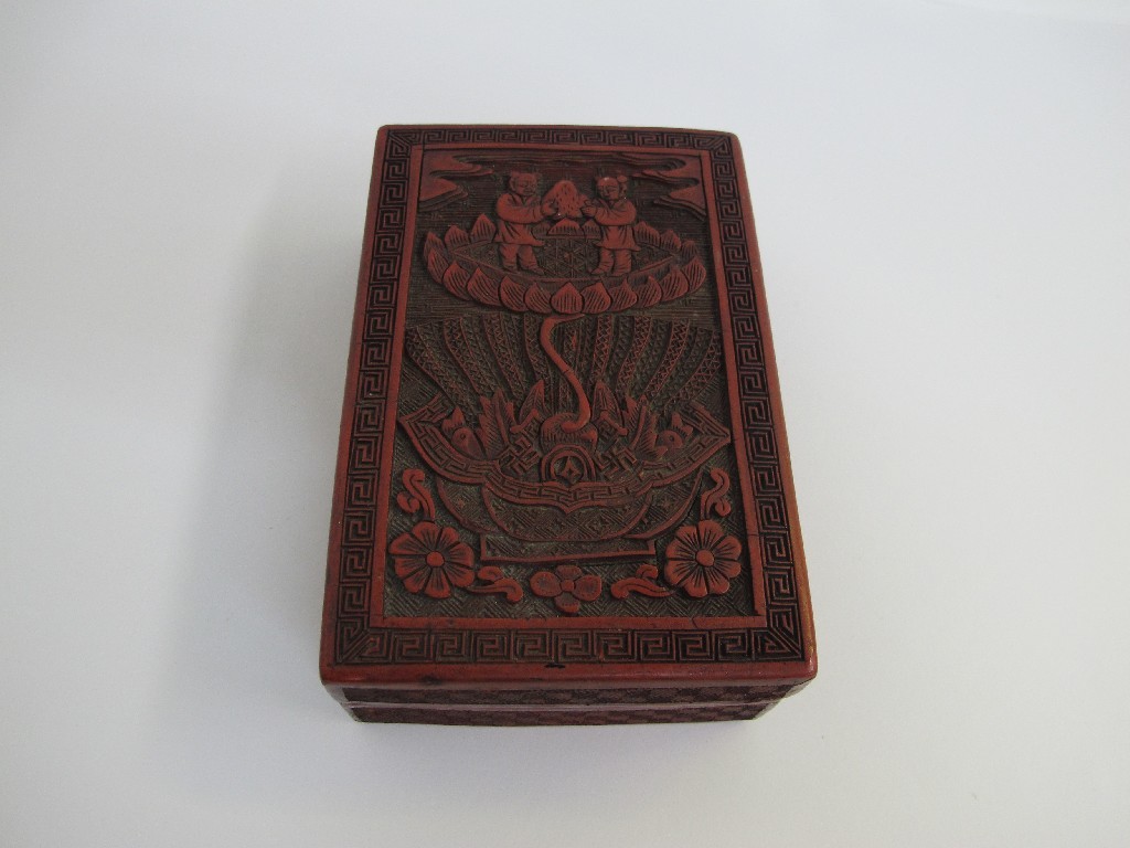 Appraisal: Chinese cinnabar rectangular box and cover decorated with two figures