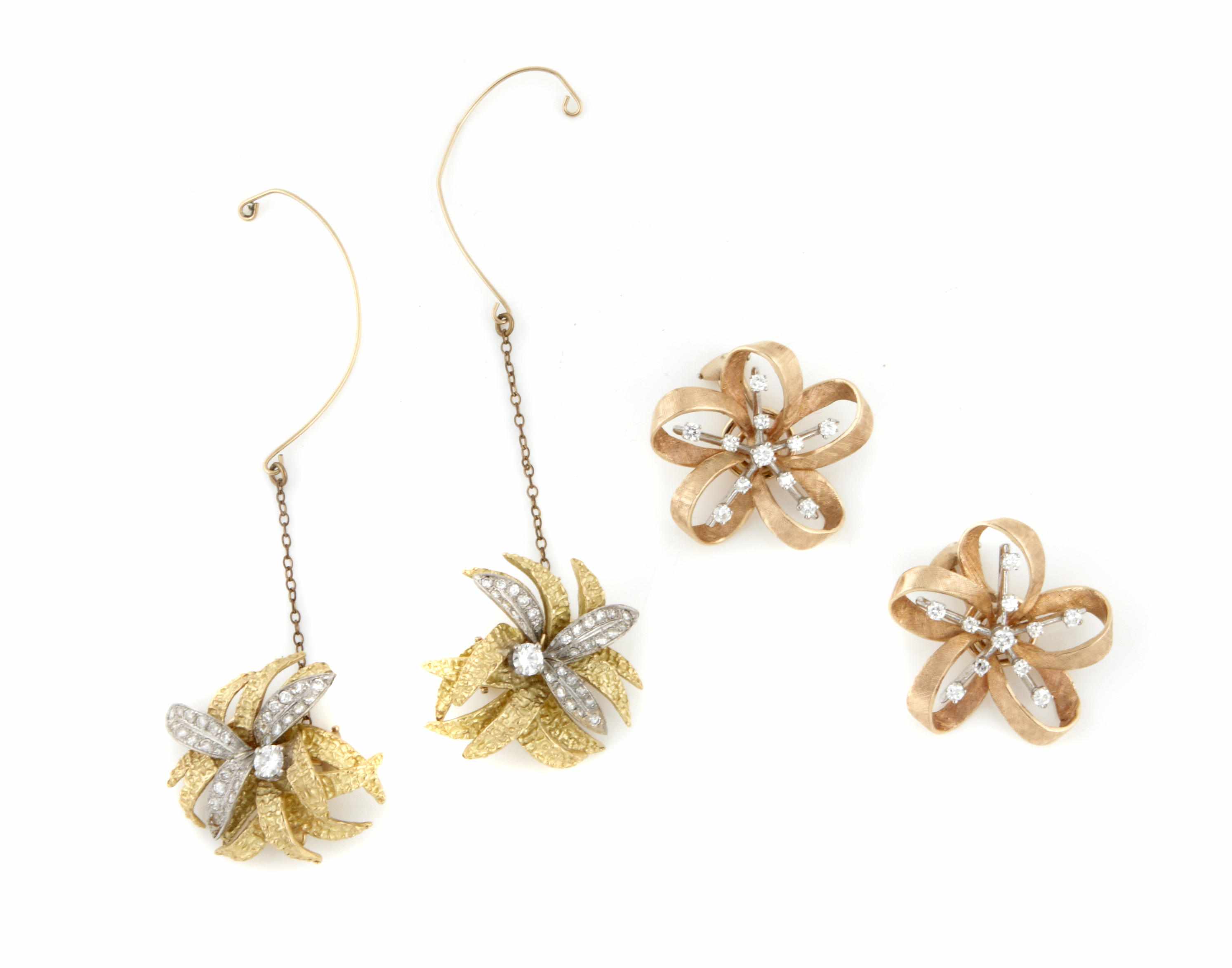 Appraisal: A group of two pairs of gold and diamond earclips