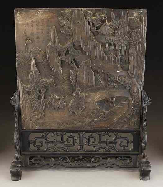 Appraisal: Chinese Qiyang stone table screen depictingfigures in a landscape and