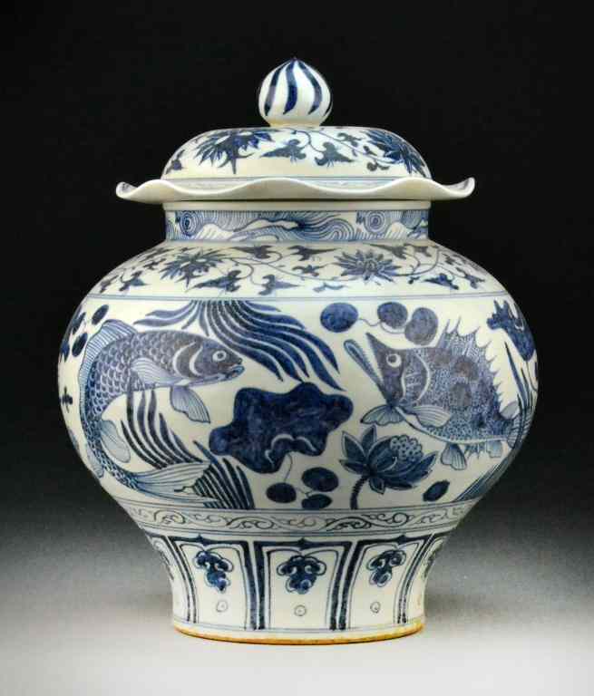 Appraisal: Chinese Ming Style Blue White Jar CoverOf baluster form finely