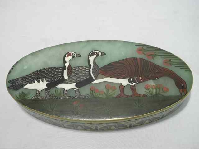 Appraisal: Italian green alabaster hand painted trinket box Painted scene with