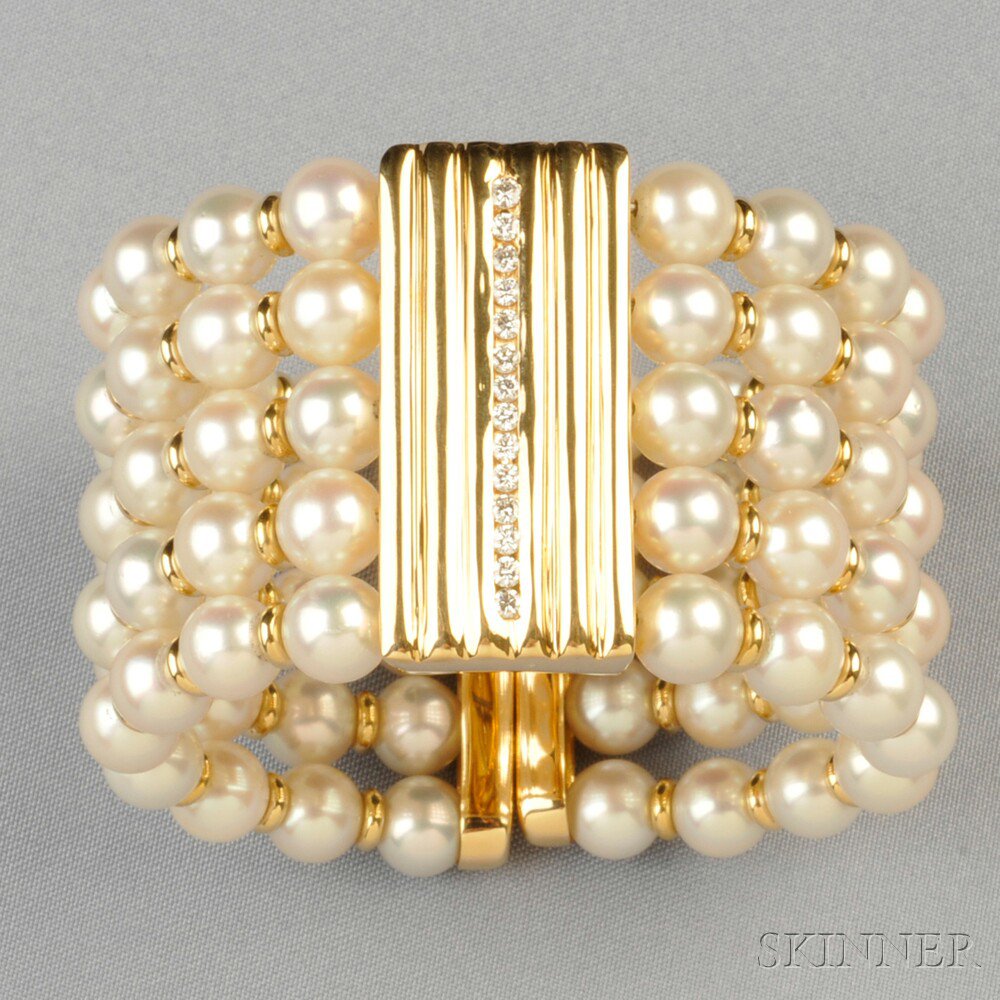 Appraisal: kt Gold Cultured Pearl and Diamond Bracelet the flexible cuff