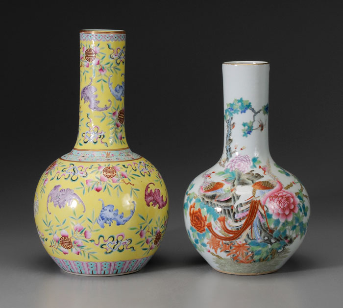 Appraisal: Two Porcelain Bottle Vases Chinese one with bats peaches ruyi