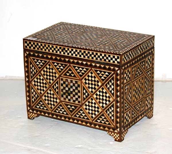 Appraisal: A large Moorish bone and parquetry inlaid box early st