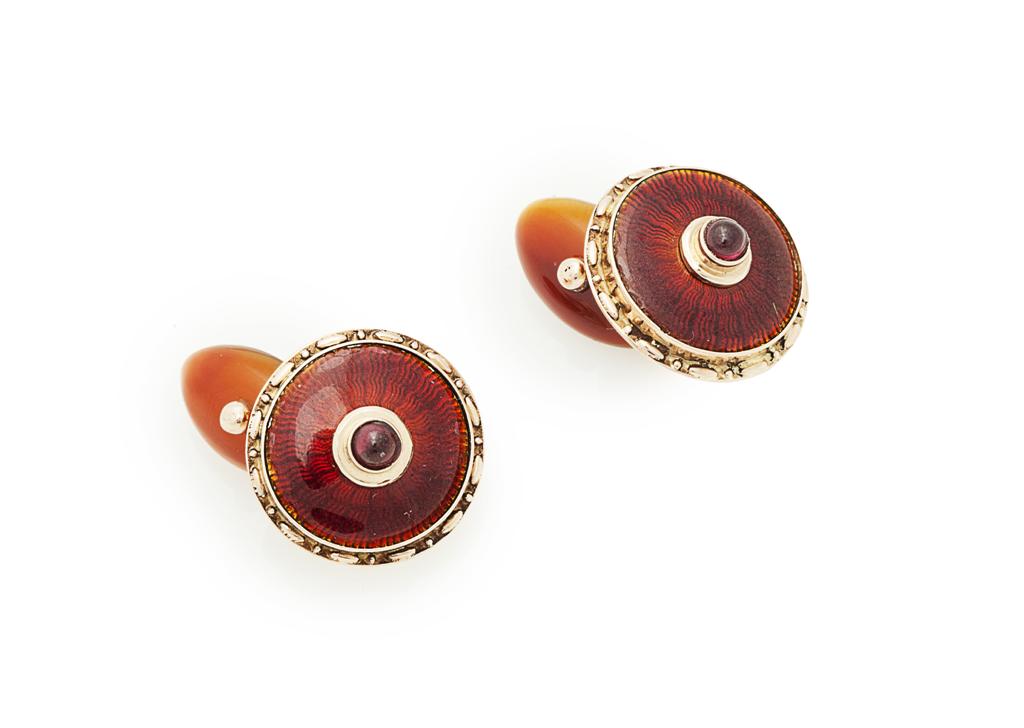 Appraisal: A pair of Russian ct gold enamel and amber cufflinks