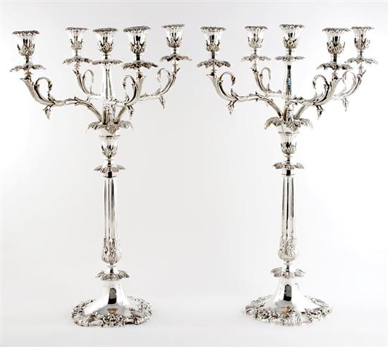 Appraisal: Pair French style silverplate five-light candelabra tulip-form bobeche supported by