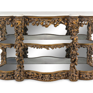 Appraisal: A Continental Giltwood Marble-Top Console Table th Century with mirrored