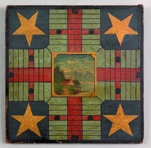 Appraisal: Painted parcheesi gameboard th c with central county landscape and