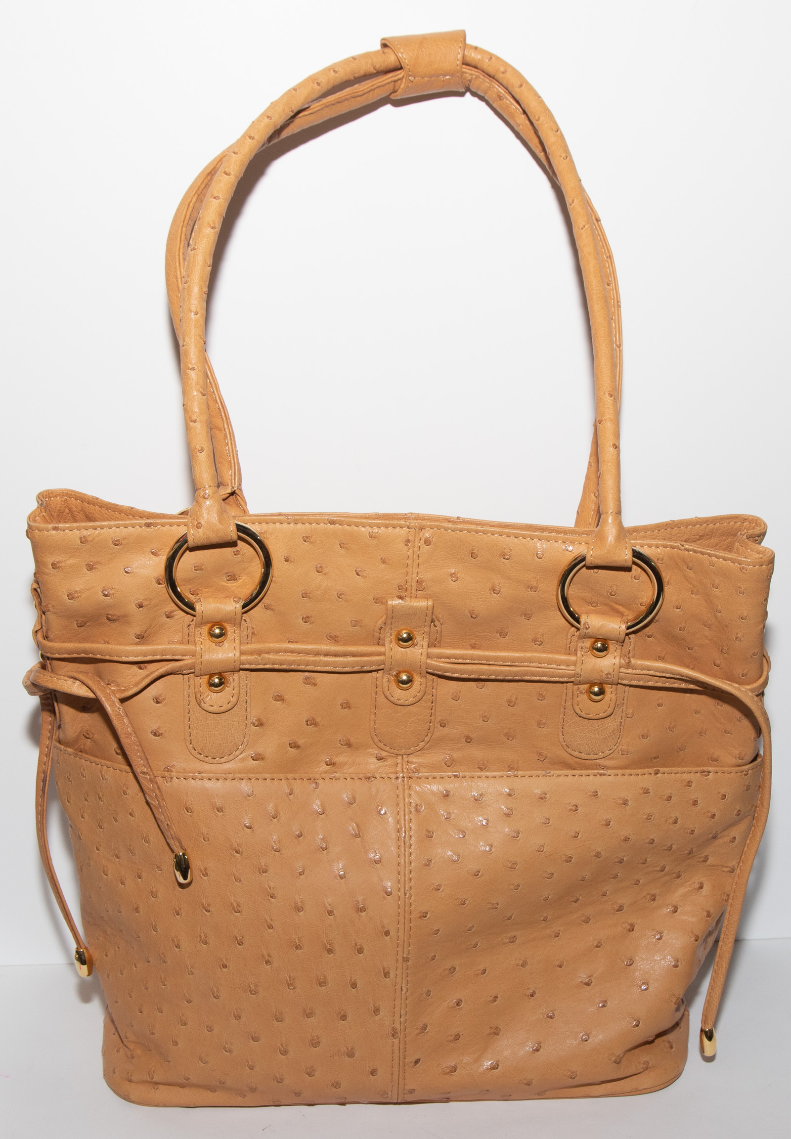 Appraisal: CARAMEL OSTRICH LEATHER HANDBAG in H in L in D