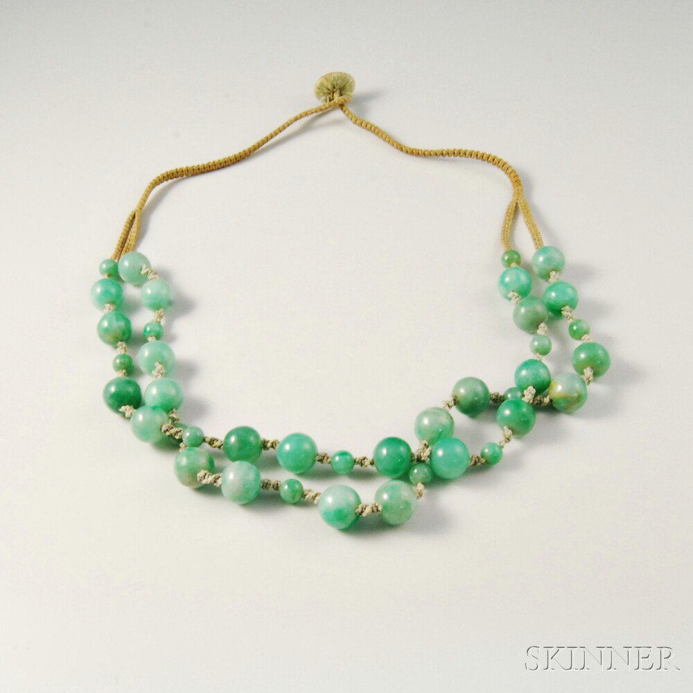 Appraisal: Jade Bead Necklace c the double-strand necklace composed of thirty-nine