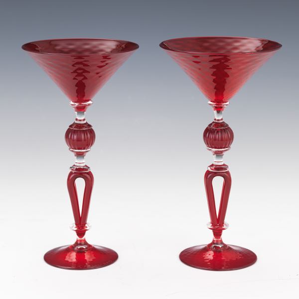 Appraisal: TWO KENNY PIEPER MARTINI GLASSES x Two ruby blown glass