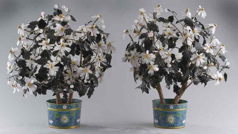 Appraisal: Pr Chinese carved jade treesset in cloisonne planters depicting chrysanthemum