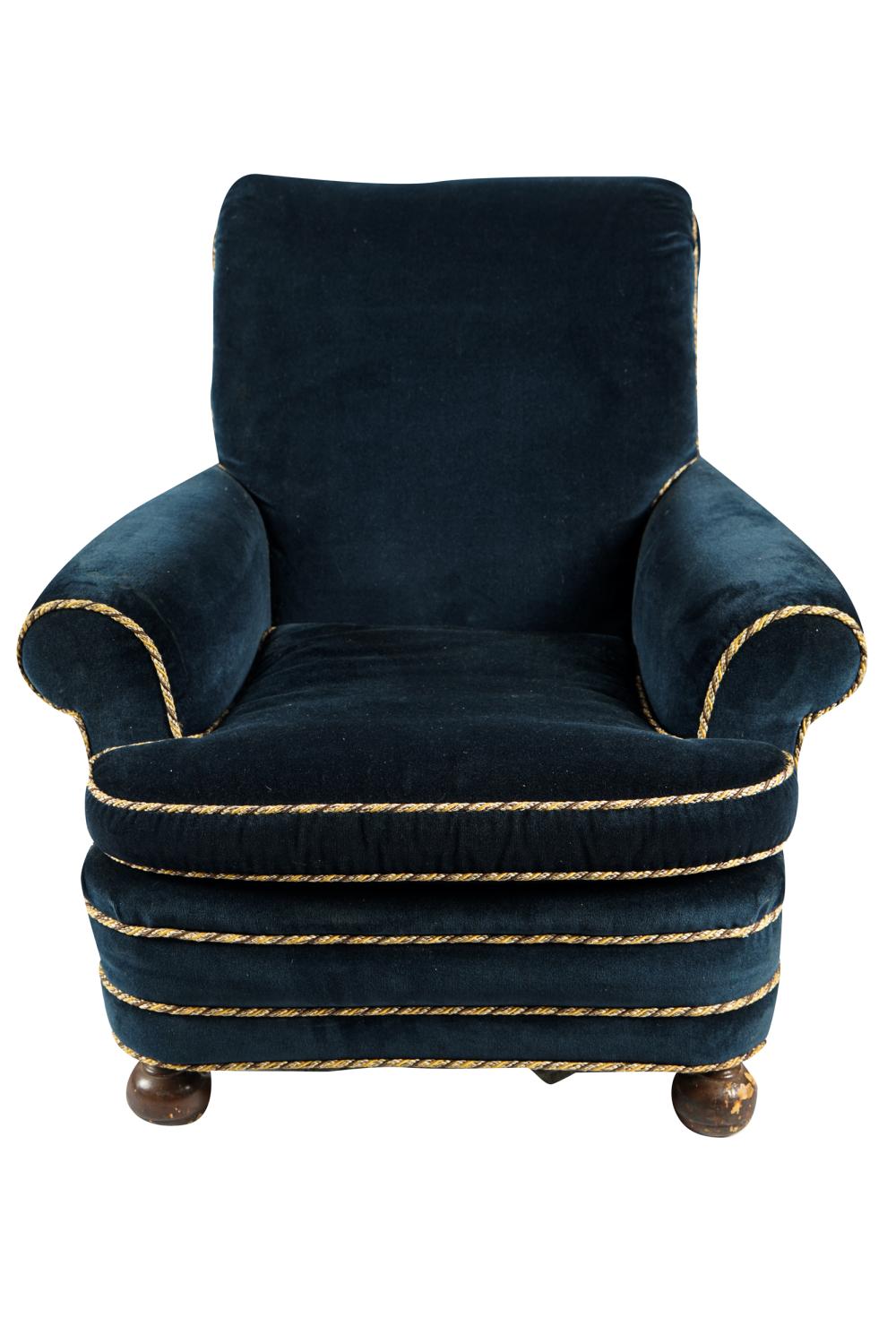 Appraisal: BLUE UPHOLSTERED CLUB CHAIRCondition with wear to legs inches wide