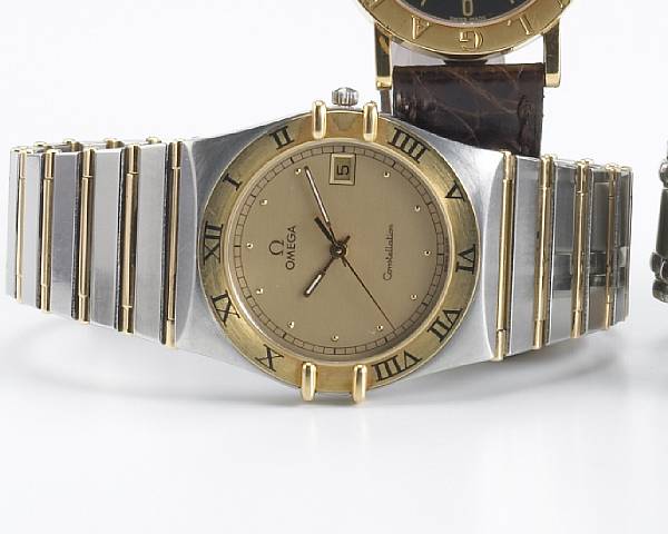 Appraisal: Omega A steel and gold quartz calendar bracelet watch Constellation