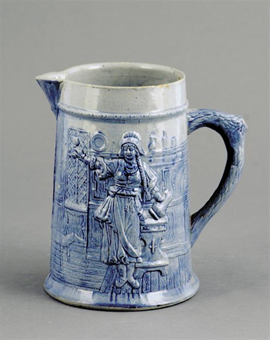 Appraisal: Continental blue salt glaze pitcher early th centurymolded pub scene